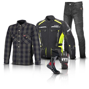 Abbigliamento da moto per uomo per il tempo libero con jeans, giacca in tessuto, guanti e camicia da boscaiolo.